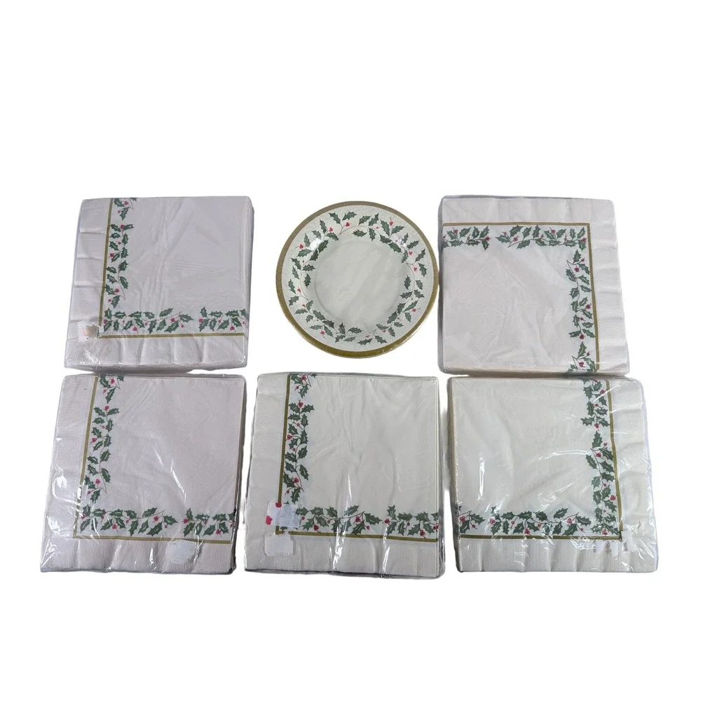 Lenox Holiday Paper Party Bundle 100 Napkins 12 Luncheon Plates Holly Berry